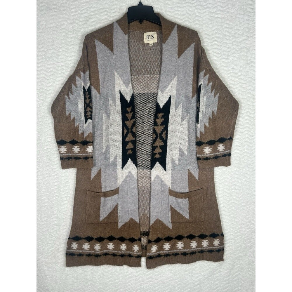 Twine and String Cardigan Womens M Brown Aztec Southwestern Boho Tribal Open